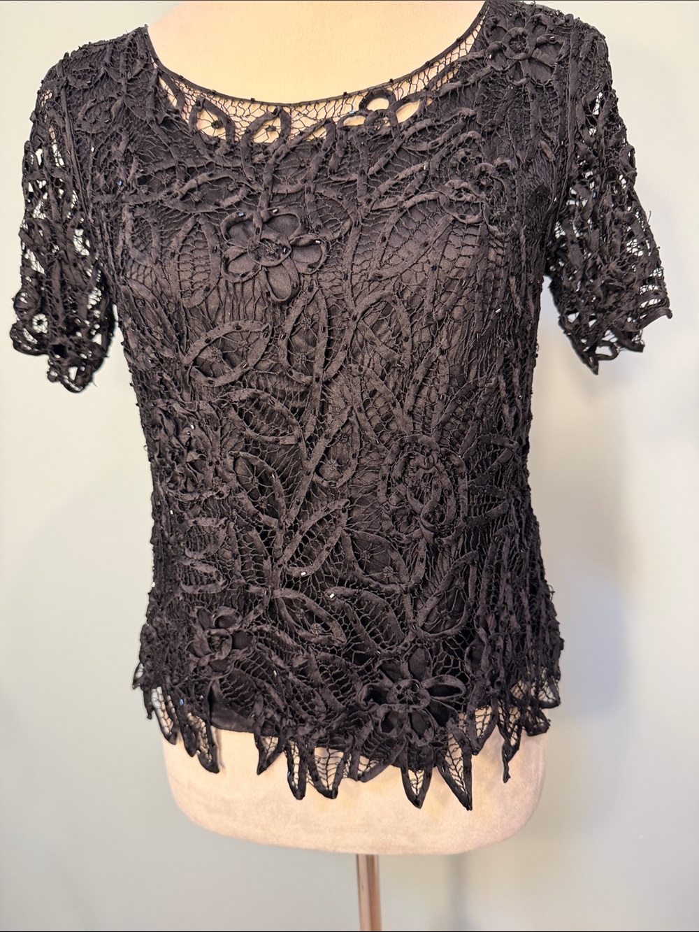 Silken Poetry Vintage silk ribbon embroidered sequin Short-Sleeve blouse